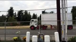 220 Cummins Straight pipe drive by 1962 White Freightliner pulling 1957 Trailmoble van [upl. by Perreault427]