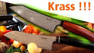 Die besten Damast Küchenmesser unter 200€  Schmiedeglut Essential Santoku Brotmesser Kneipchen [upl. by Neih]