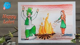 How to Draw Lohri Festival Scenery Drawing of Punjab Celebration Dance [upl. by Olive518]