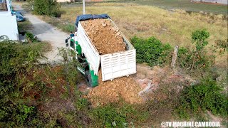 Perfect First Start New Project Land Fill Up Dozer Pushing Fence And Soil With Truck Dumping Soil [upl. by Asselam949]