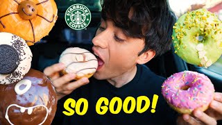 ASMR MUKBANG DONUTS OREO KINDER BUENO MATCHA BOBA TEA amp STARBUCKS PUMPKIN SPICE LATTE [upl. by Newo]