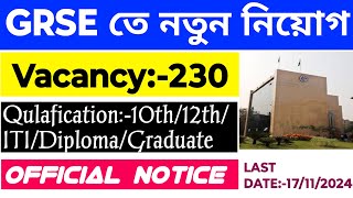 GRSE তে নতুন নিয়োগ শুরু হলো মাধ্যমিক পাস  GRSE New Vacancy 2024 GRSE New Recruitment Notice [upl. by Nageek]