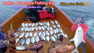 Andhra Adventure Fishing trip 🥵 Back to Back Strikes GTs MJ finger mark etc fishing fishingtips [upl. by Angid]