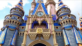 Cinderella Castle at Magic Kingdom Mostly Decorated for Walt Disney Worlds 50th Anniversary 421 [upl. by Simonne303]