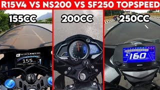 NS 200 vs GIXXER SF 250 vs R15 V4  0 TO 100  TOPSPEED  SHOCKING RESULTS [upl. by Ahsienor]