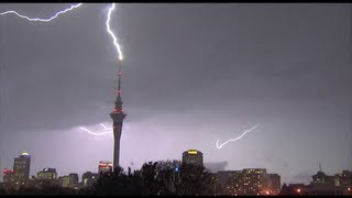 Incredible video massive lightning strike on Aucklands Skytower [upl. by Niamert145]