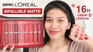 LOREAL INFALLIBLE MATTE RESISTANCE LIQUID LIPSTICK SWATCHES Ratu Adellya [upl. by Mozart]