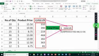 How to calculate total price for products in MS Excel 2019  Sumproduct formula [upl. by Notac542]