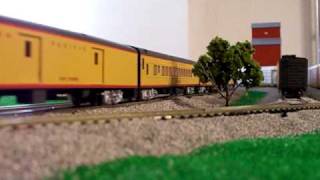 Union Pacific 844 runby with custom made box car and passenger cars HO scale [upl. by Orelle]