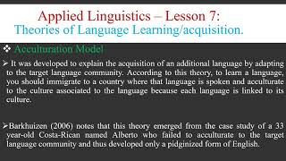 Applied Linguistics  Lesson 7  Theories of Language Learning  Acculturation Model [upl. by Ayotan688]