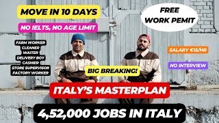 🇮🇹 Italy MASTERPLAN  452000 Jobs In Italy  Italy Free Work Visa In 10 Days 🇮🇹 [upl. by Barstow]