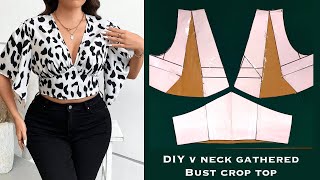 HOW TO MAKE A DEEP V NECK GATHERED BUST CROP TOP WITH A V SHAPE SLEEVE  Cutting amp Stitching [upl. by Oemac]