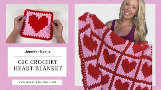 Corner to Corner Crochet Heart Block Pattern with double crochet boarder and join as you go method [upl. by Christmann]