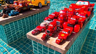 Disney Pixar Cars falling into deep pool Lightning McQueen Tow Mater Mack Sally Francesco [upl. by Orvie444]