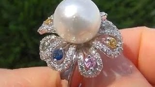 VINTAGE Deco Mikimoto Tahitian Pearl  VS MultiColored Sapphire amp Diamond Ring GOLD [upl. by Misti]