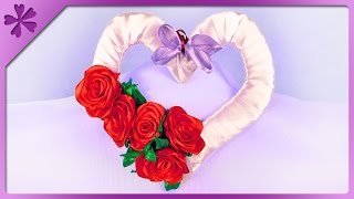 DIY Ribbon heart with ribbon roses for mom ENG Subtitles  Speed up 355 [upl. by Oilime]