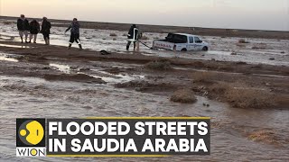 Flooded streets in Saudi Arabia rain alert in Madinah Tabuk amp Jeddah  English News  WION [upl. by Akirret]