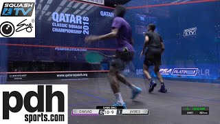 Declan James v Karim Abdel Gawad squash rally Qatar Classic 2018 with heart rate monitor [upl. by Margarita]