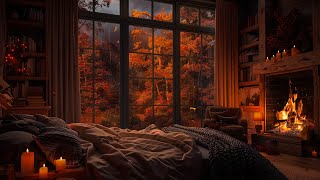 Relaxing Autumn Rainy Day with Soft Jazz Music on Cozy Cabin Ambience 🌧️ Fireplace Sounds for Unwind [upl. by Bouzoun]