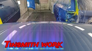 Tinsmith work Bodywork Overflow Glasurit base Blue pearl SATA HVLP Iwata WS400 Clear RM [upl. by Anilorak]