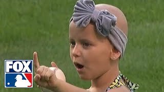 Mike Aviles daughter throws out first pitch while recovering from Leukemia [upl. by Aeki]