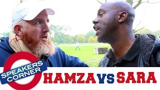 Hamza vs SaRa  Allah Racism amp Ancestors  Speakers Corner [upl. by Einaffyt]