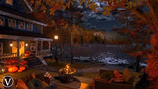 Autumn Lakeside Cottage  Night Ambience  Windchimes Lakeshore Firepit amp Forest Nature Sounds [upl. by Scales]