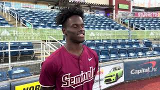 FSU Baseball  Chase Williams on threehit performance in exhibition vs Auburn [upl. by Aiblis]