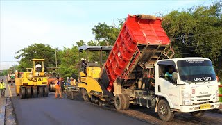 Asphalt Paving Road Construction With Paver Finisher Tandem Roller Self Loader Trucks [upl. by Yelik586]