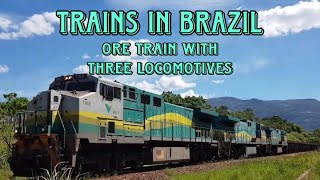 Trains in Brazil  Ore Train with Three Locomotives [upl. by Stroup]