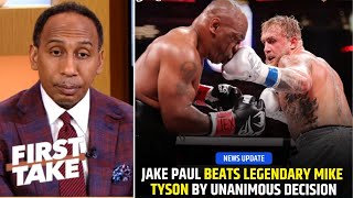 FIRST TAKE  quotMike Tyson is still the GOATquot  Stephen A reacts to Jake Paul take down Iron Mike [upl. by Zealand]