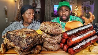 BBQ RIB EYE STEAKS BURGERS SAUSAGE LINKS TEPPANYAKI GRILL IN HOME MUKBANG COMDEDY EATING SHOW [upl. by Spencer]