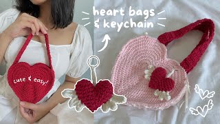 how to crochet heart bag amp keychain with wings amp ribbons  beginnerfriendly tutorial [upl. by Gile]