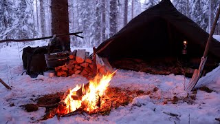 Winter camping in Snowy Forest How id do bushcraft frame for lavvu [upl. by Zanlog]