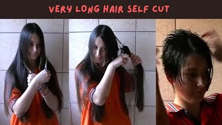 Young girl very long hair quick selfcut haircutforlonghair ladieshaircut haircut hair pixiehair [upl. by Ahsenre]