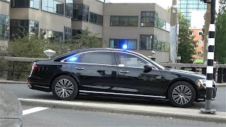 4K PRIO1 Twee zwaar gepantserde Audis A8 vertrekken met spoed vanaf rechtbank Amsterdam BOT [upl. by Ahsinid]