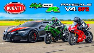 Bugatti Chiron SS v Kawasaki H2R v Ducati Panigale SP2 DRAG RACE [upl. by Wake]