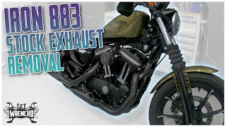 Harley Iron 883 Mod Stock exhaust removal [upl. by Zelikow801]