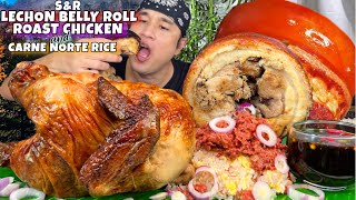 SampR LECHON PORK BELLY ROLL amp ROAST CHICKEN with CARNE NORTE RICE MUKBANG PINOY MUKBANG [upl. by Pardo843]