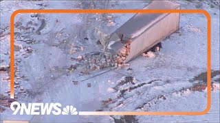 Aerial view shows wreckage from I70 crash involving multiple semis [upl. by Tove]