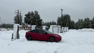 Snowy day at the Chemult Crater Lake supercharger [upl. by Anne-Corinne]