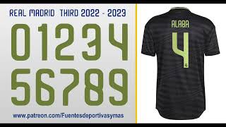 Tipografia Real Madrid tercera equipacion 2022  2023 free download Real Madrid Third Kit Font 2022 [upl. by Noimad]