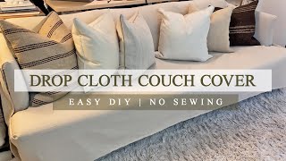 Couch Cover Using Drop Cloth  No Sewing [upl. by Dev995]