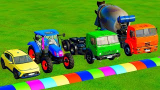 TRANSPORTING CARS AMBULANCE POLICE CARS FIRE TRUCK MONSTER TRUCK OF COLORS WITH tractor  FS 22 [upl. by Sezen]