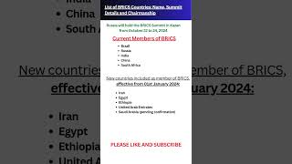 List of BRICS Countries Name Summit Details and Chairmanship  Current Members of brics ssc exam [upl. by Firooc]