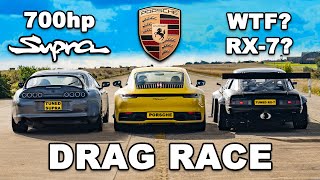 700hp Supra v 840kg RX7 v Porsche 911 DRAG RACE [upl. by Aneelak132]