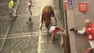 Pamplona Attack Watch as bull gores three runners [upl. by Barbe]