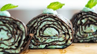 How to make Chocolate Mint Mille Crepe Roll Cake [upl. by Katinka]