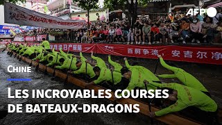 Chine courses effrénées de bateauxdragons dans détroits cours deau  AFP [upl. by Anitnahs]