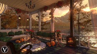 Autumn Porch Sunset Ambience  Calm Lakeshore Firepit amp Forest Nature Sounds [upl. by Airehs72]